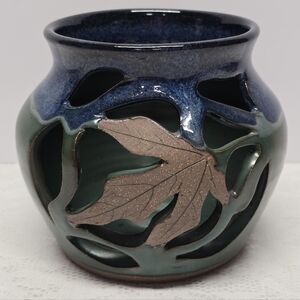 Alewine Pottery Signed Leaf Blue Green Luminary Candle Holder Cottagecore